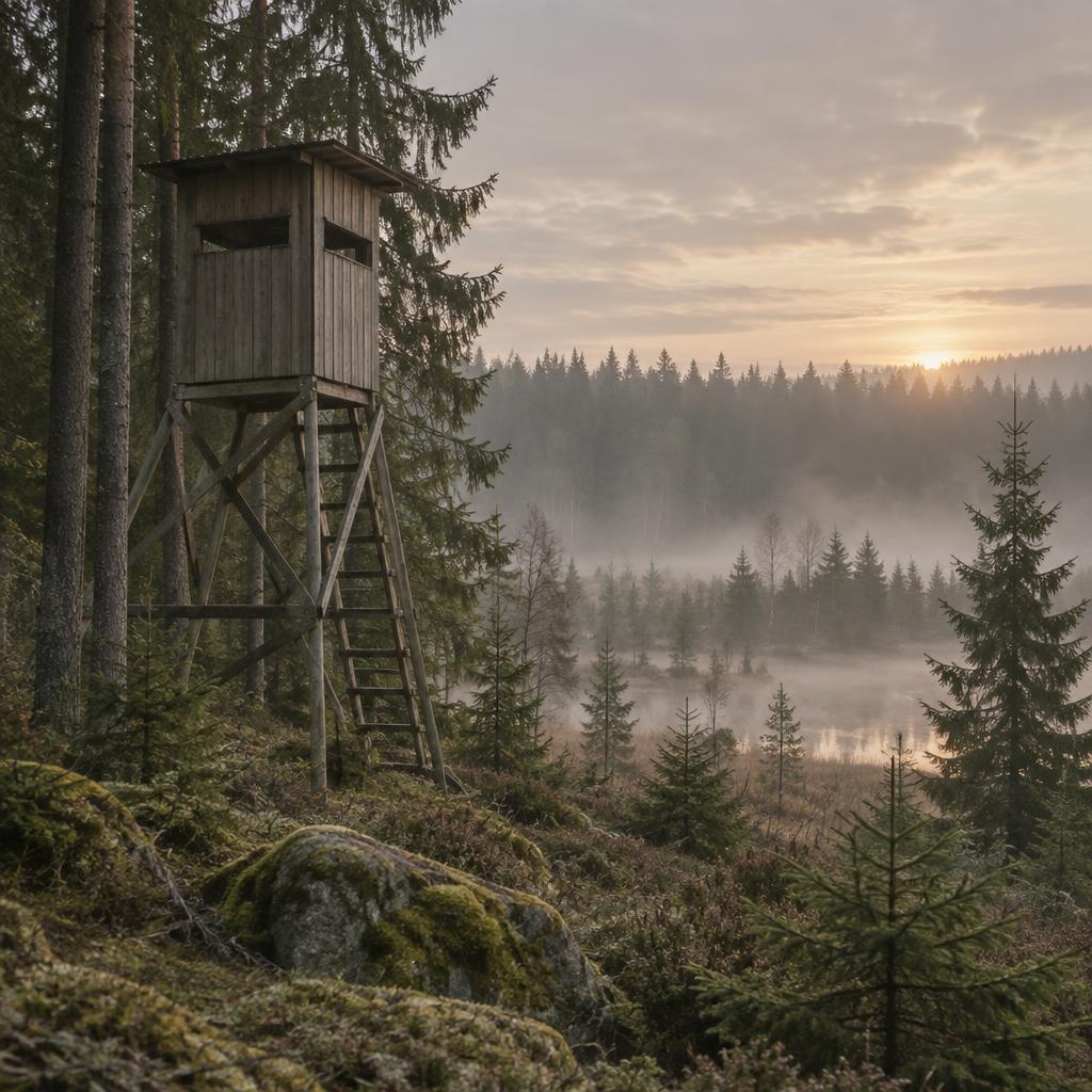Jakttorn i dimmig svensk skog